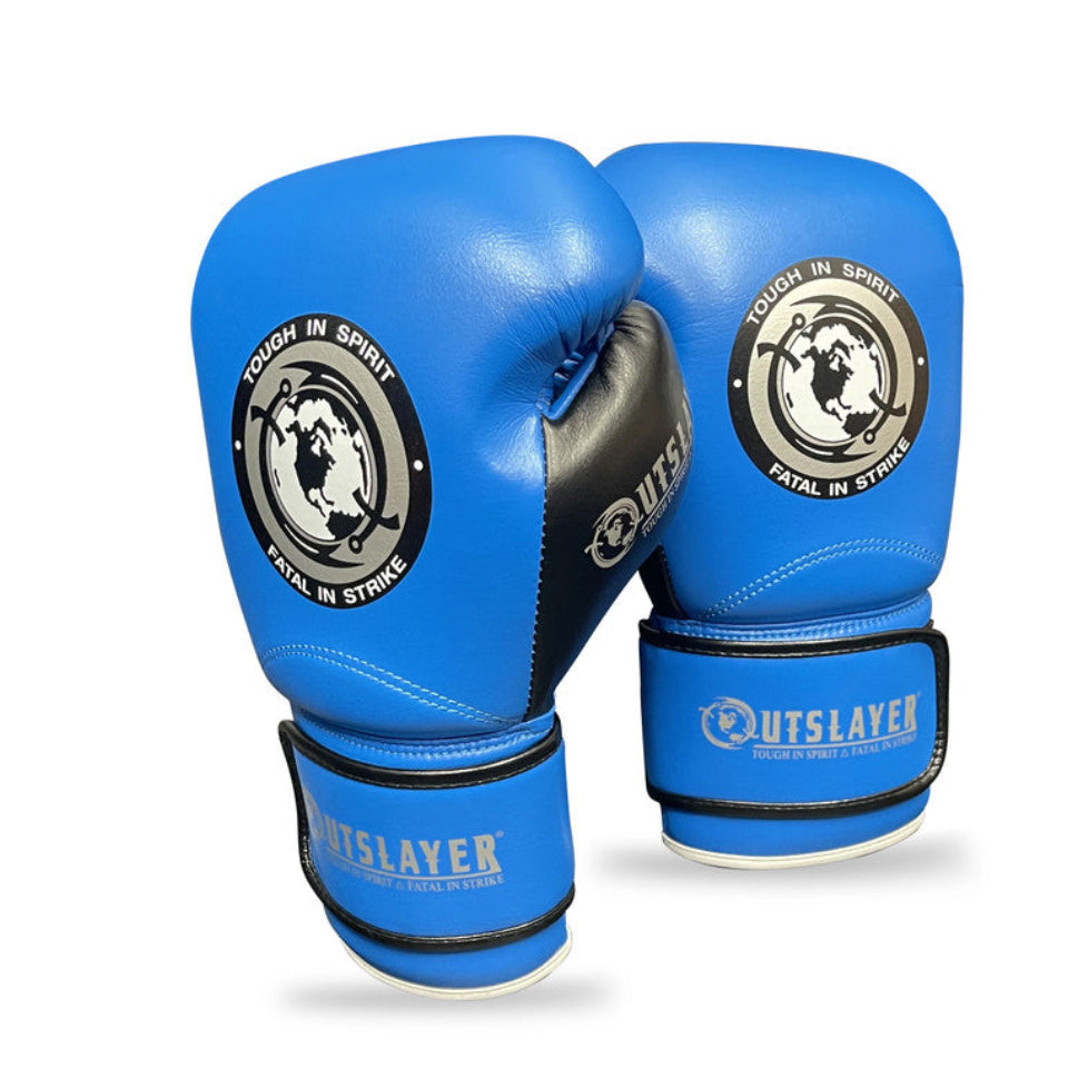 Blue boxing gloves with black accents on a white background