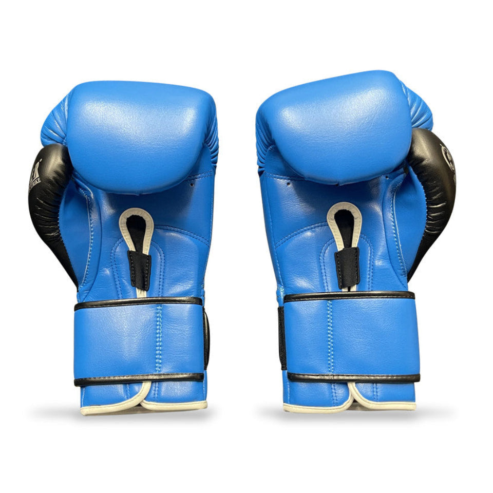 Pair of blue boxing gloves with black accents on a white background