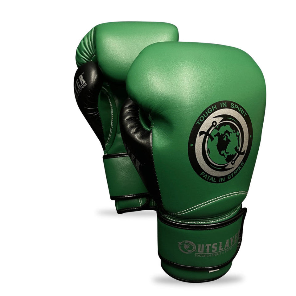 Green boxing gloves with a brand logo on a white background