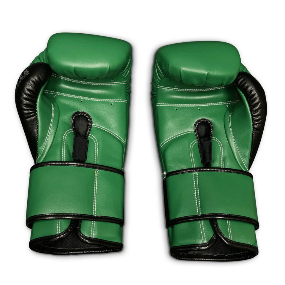 Pair of green boxing gloves with black accents on a white background
