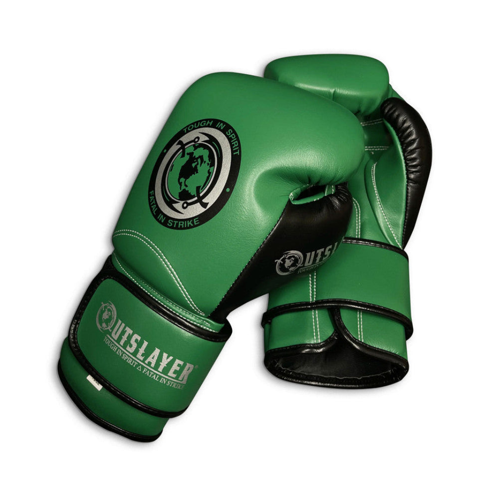 Green boxing gloves with black accents on a white background