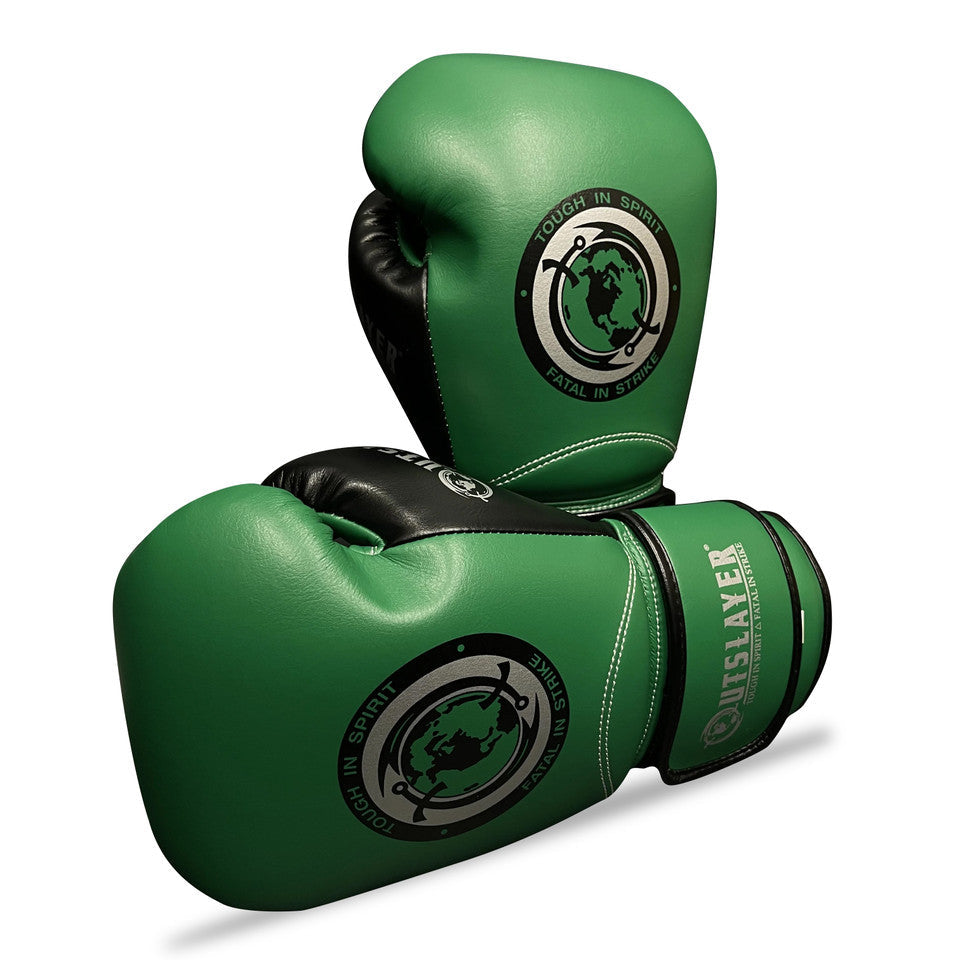 Green boxing gloves with a logo on a white background