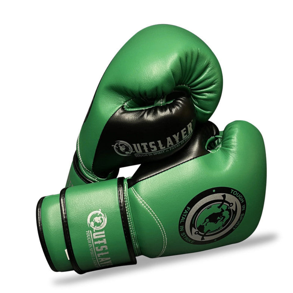 Green boxing gloves with black accents on a white background