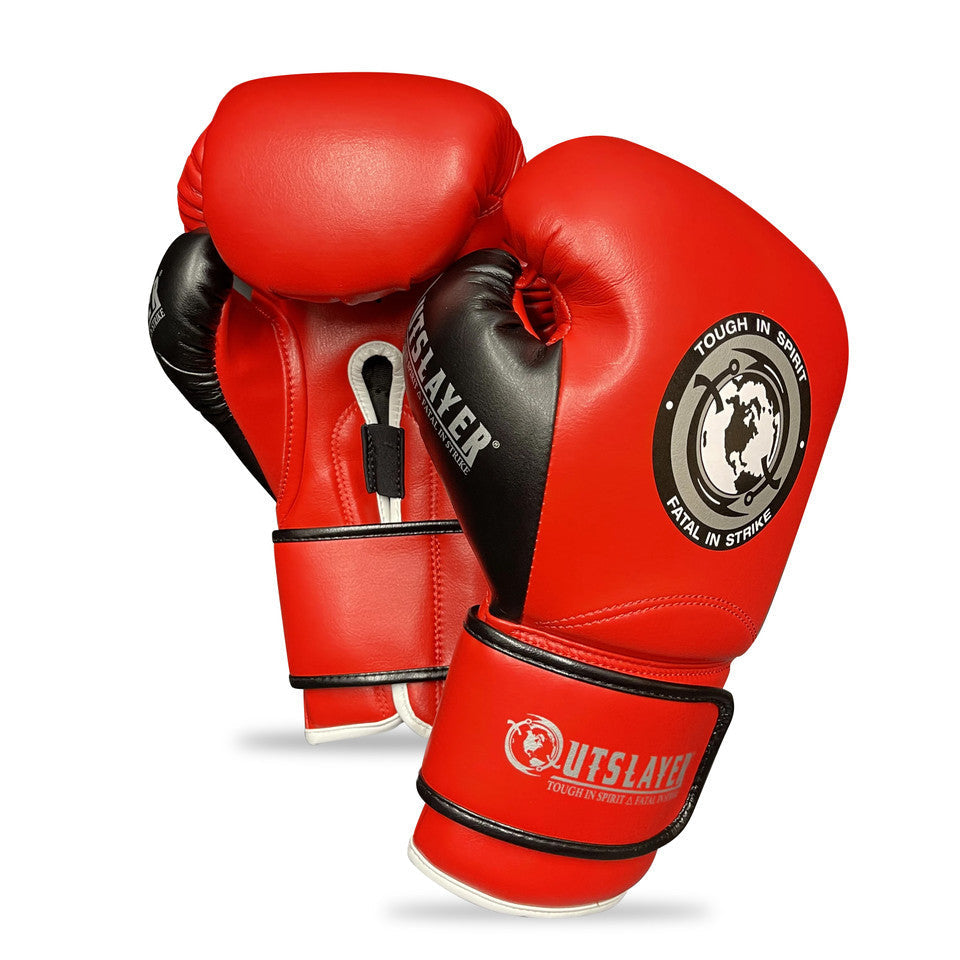 Red boxing gloves with black accents on a white background