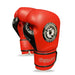 Red boxing gloves with black accents on a white background