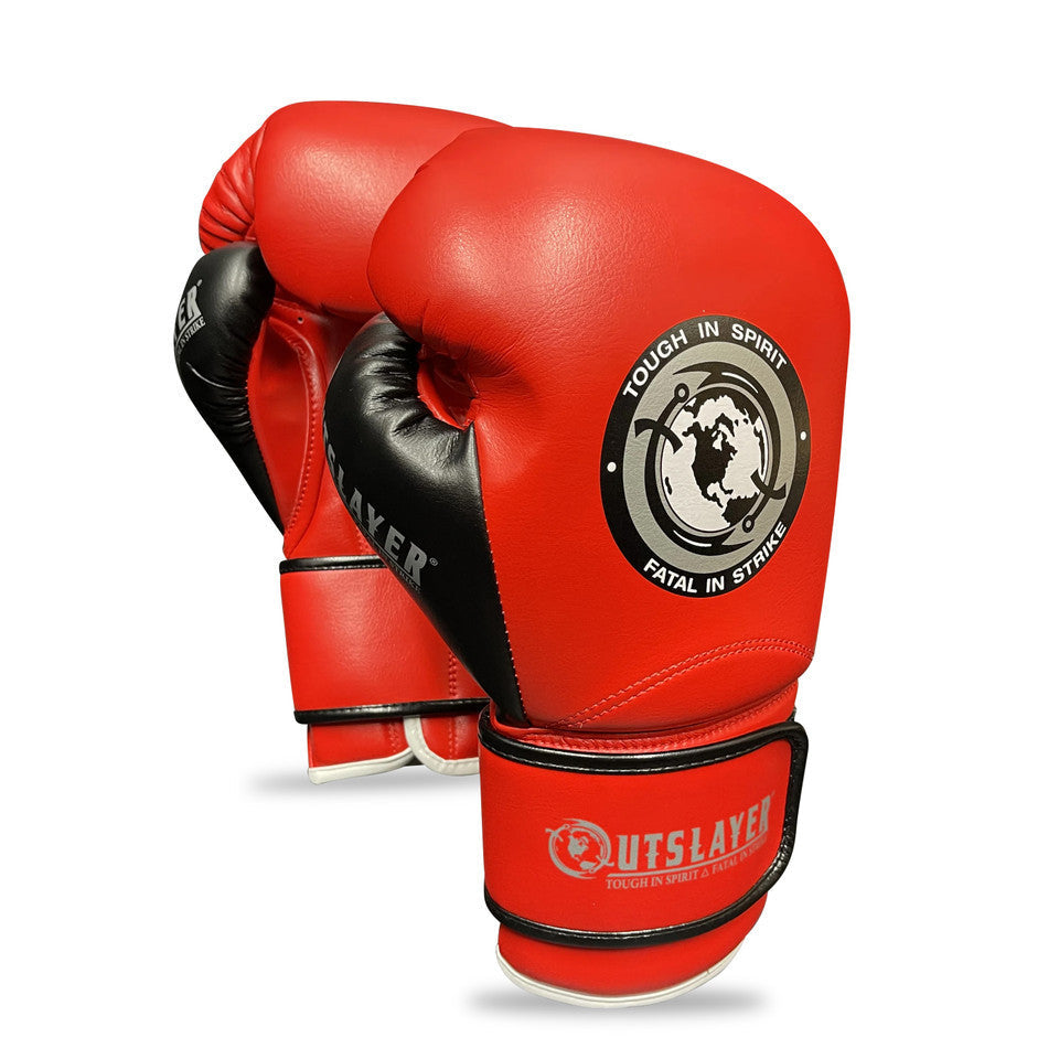 Red boxing gloves with black accents on a white background