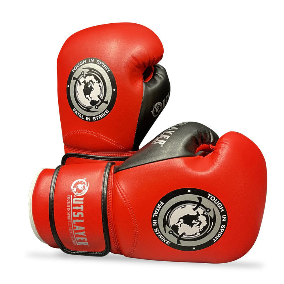 Red boxing gloves with a brand logo on a white background