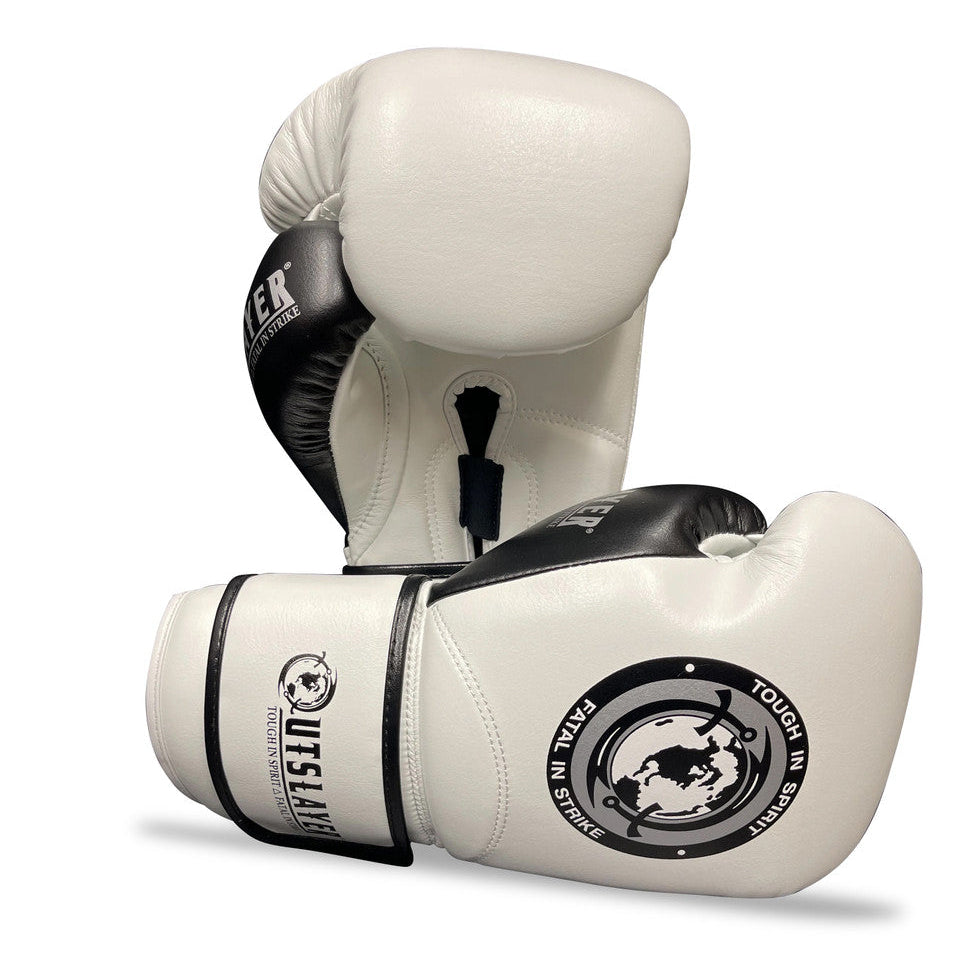 Pair of white boxing gloves with black accents on a white background