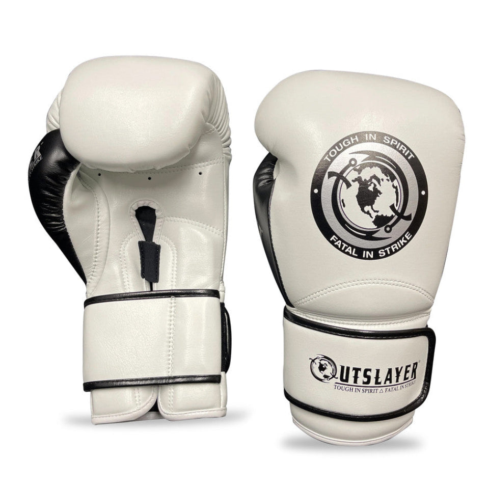 White boxing gloves with black accents and visible branding on a white background