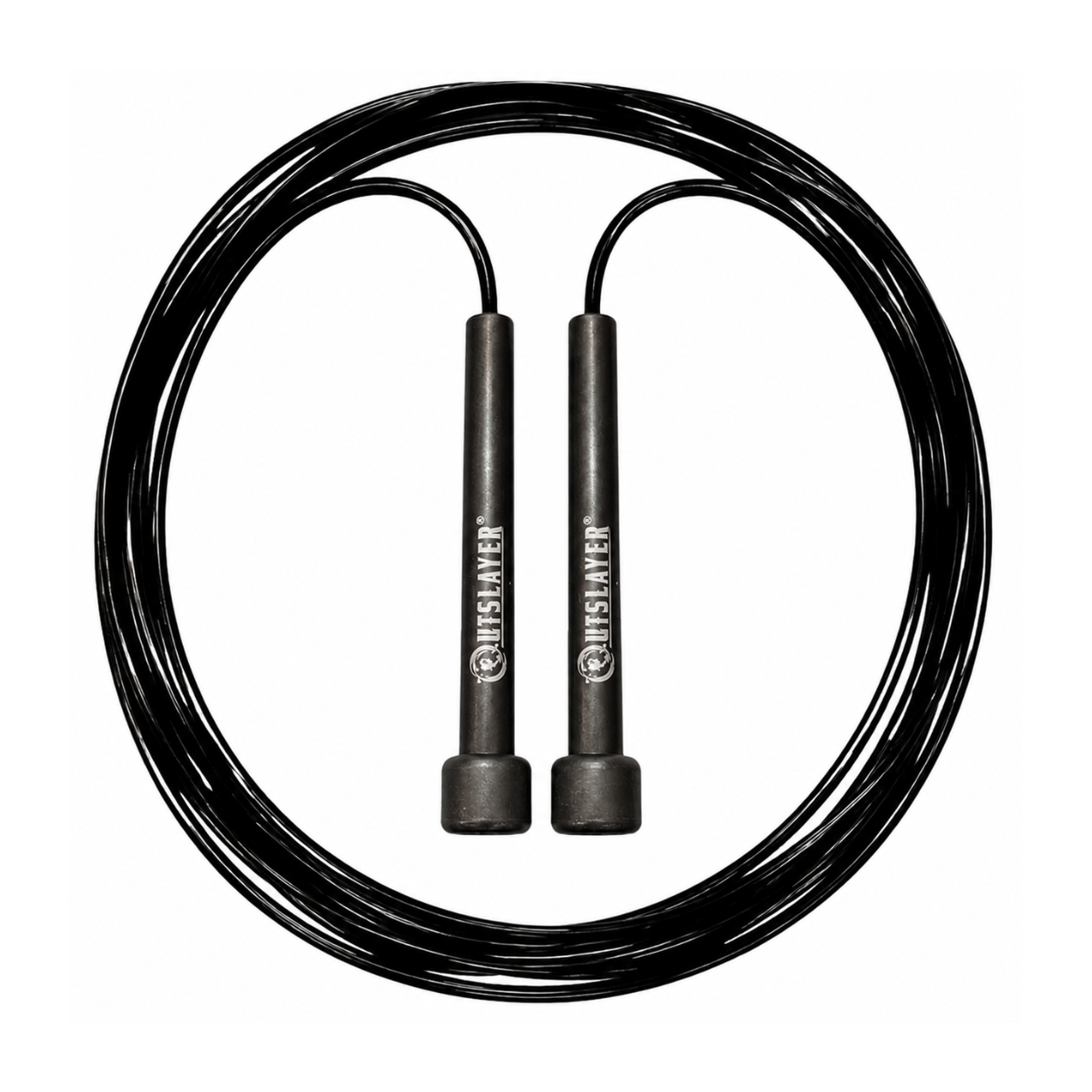 A black jump rope with a thick coiled cord and two black handles, each printed with the Outslayer logo and brand name, shown on a solid white background.