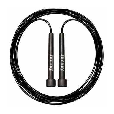 A black jump rope with a thick coiled cord and two black handles, each printed with the Outslayer logo and brand name, shown on a solid white background.