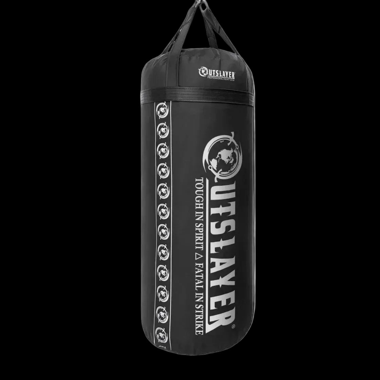 A black Outslayer heavy punching bag with white printed branding and a vertical row of white circular logos, shown hanging against a solid black background.