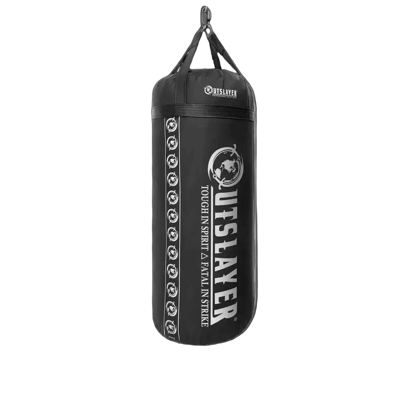 Black punching bag with Outslayer branding on a gray background