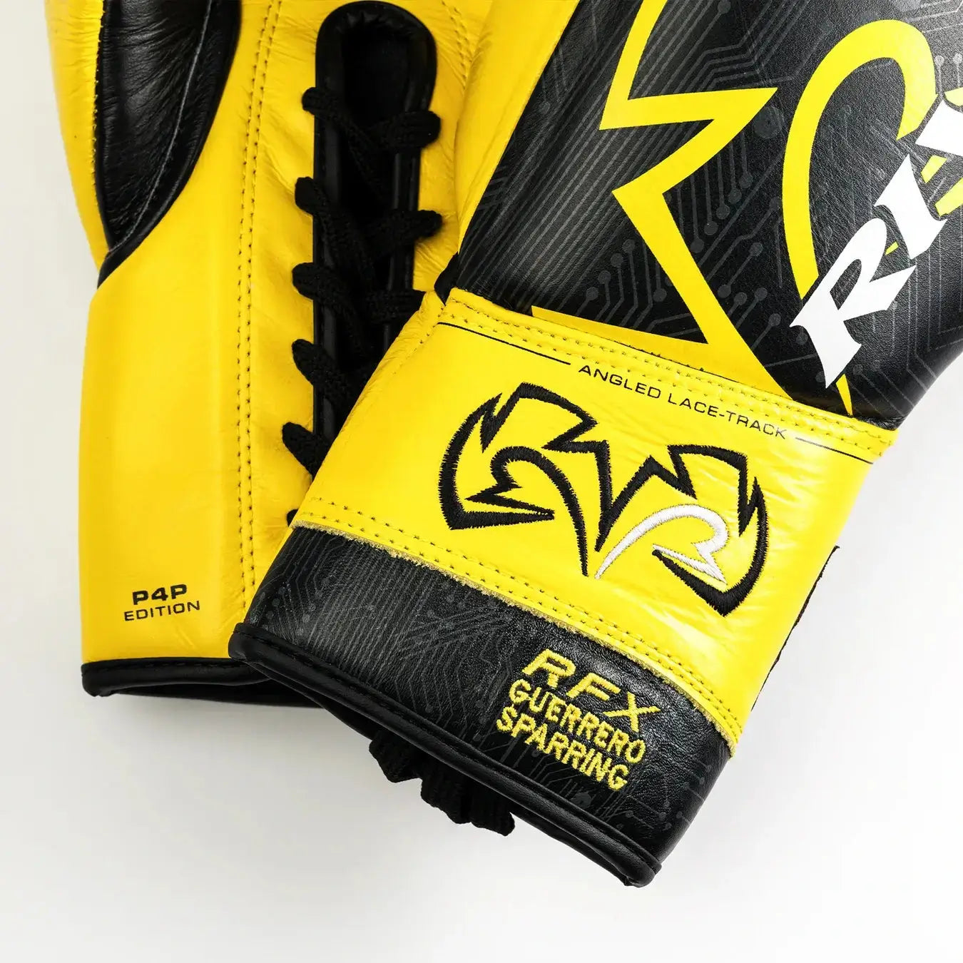 Yellow and black boxing glove with brand logo on a white background