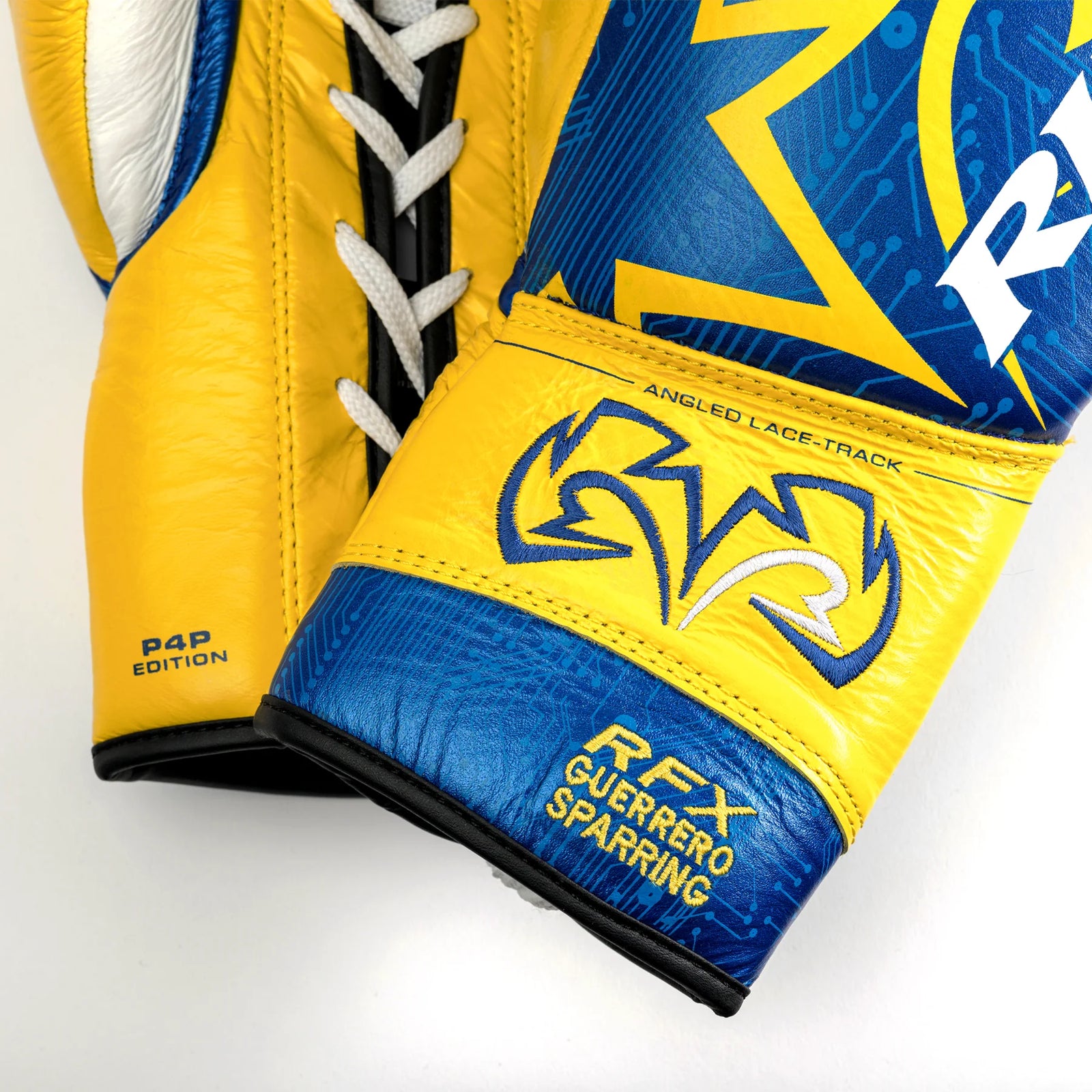 Yellow and blue boxing glove with brand logo on a white background