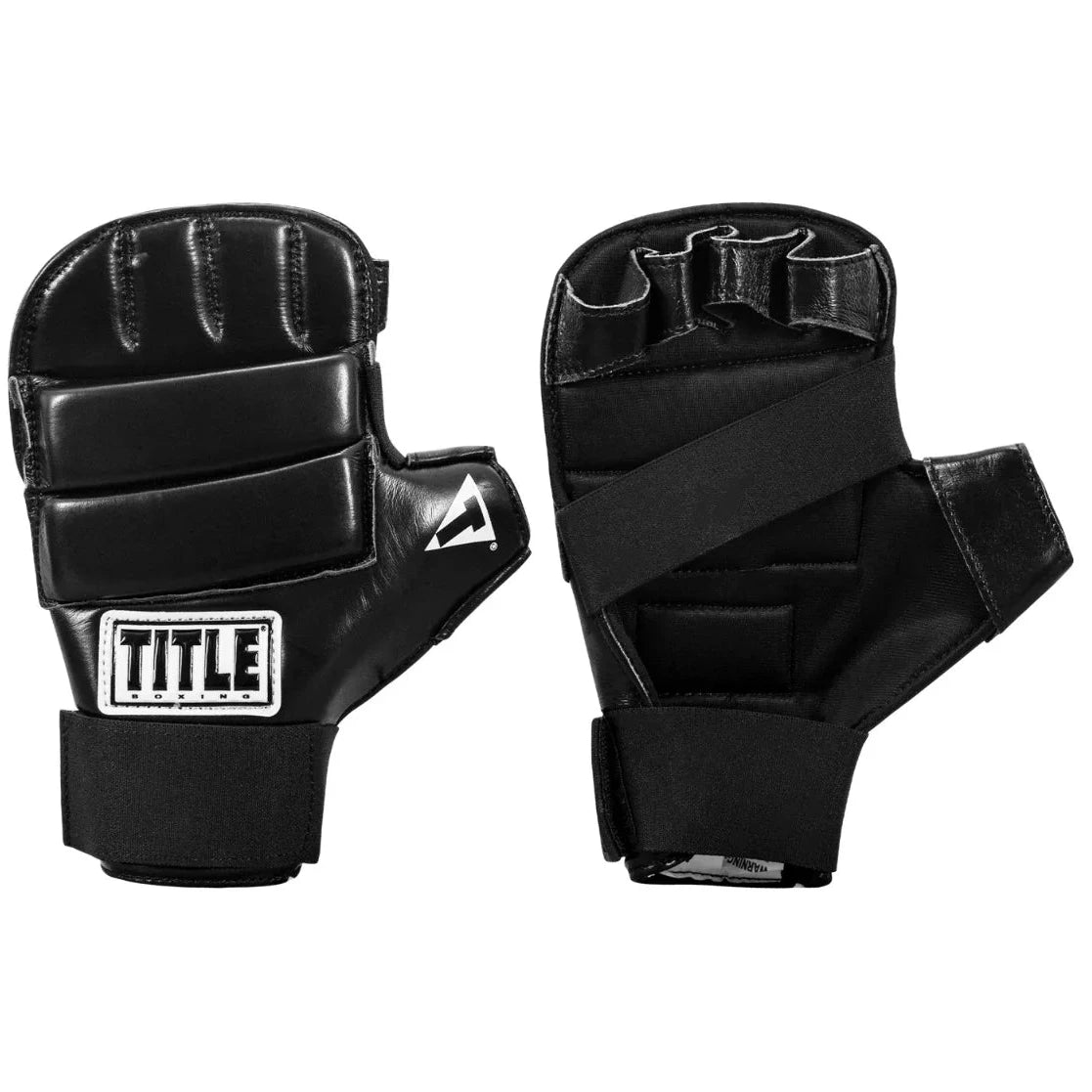 A pair of black TITLE brand fingerless MMA gloves shown from both the front and back views against a plain white background.