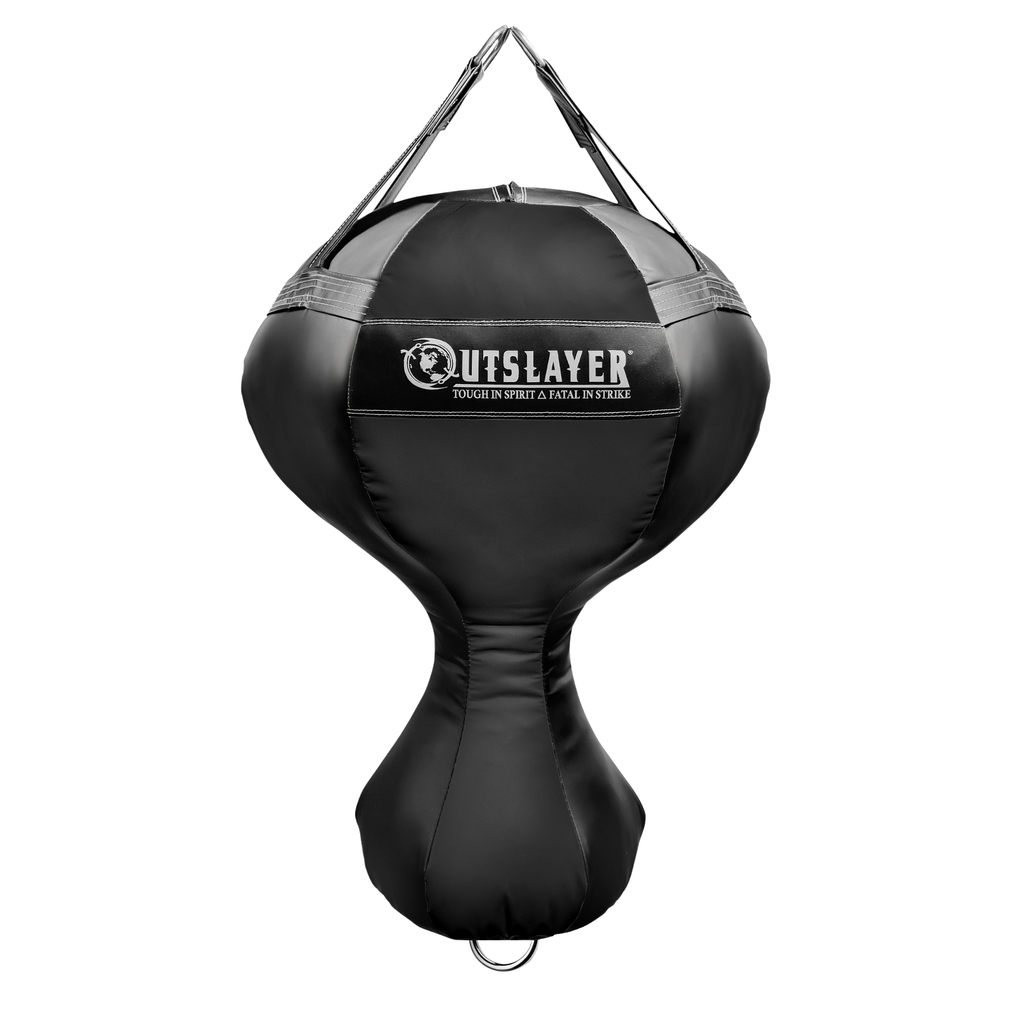 A black Outslayer heavy weight training hanging bag with a white logo on the front, suspended by straps on a solid white background.