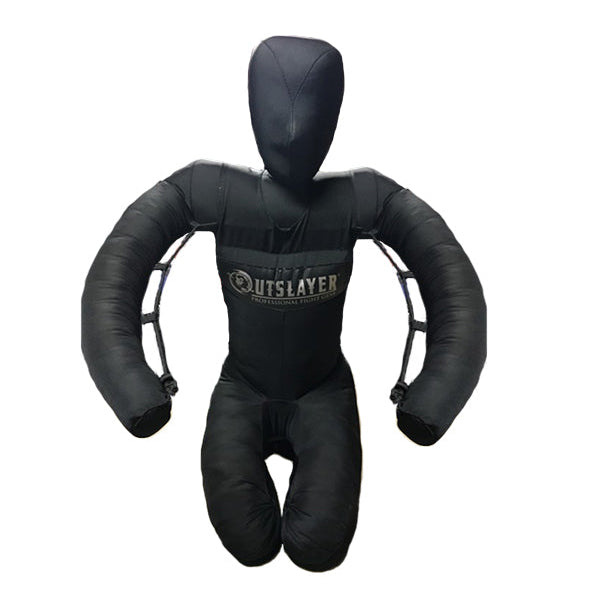 A black grappling dummy with the 'Outslayer' brand logo on the chest area, designed for martial arts training.