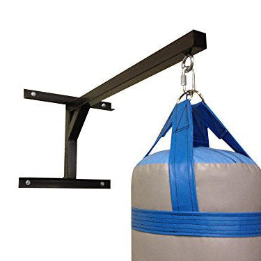 A heavy duty steel wall mount for punching bags, with a mounting bracket and a hanging strap, designed to support professional use heavy bags.